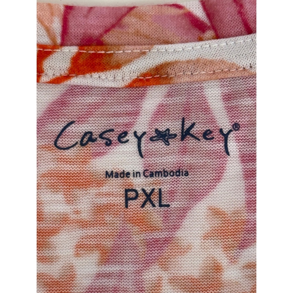 Casey Key Womens Pink Tropical Palm Leaf V-Neck Side Cinch Rayon Top Sz PXL - Picture 7 of 9
